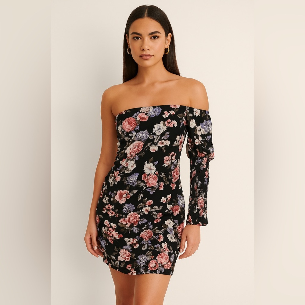 OLIVACEOUS ONE SHOULDER SLIP ON MINI
DRESS FLORAL NEW WITH TAGS Size: US S